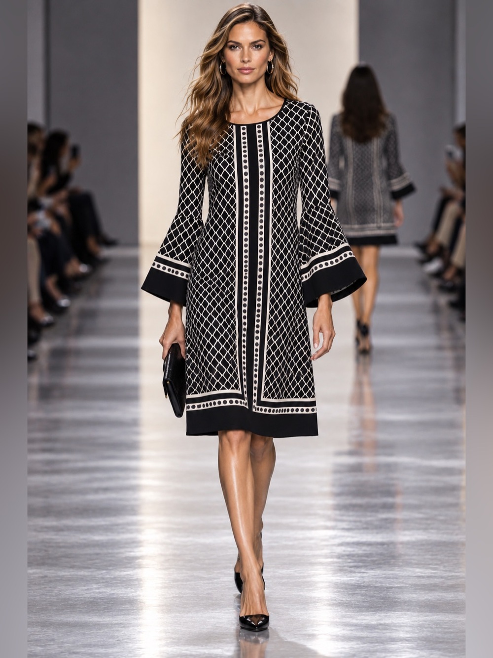 INC Black White Geometric Shift Dress Large Bell Sleeve Knee Length Career Chic